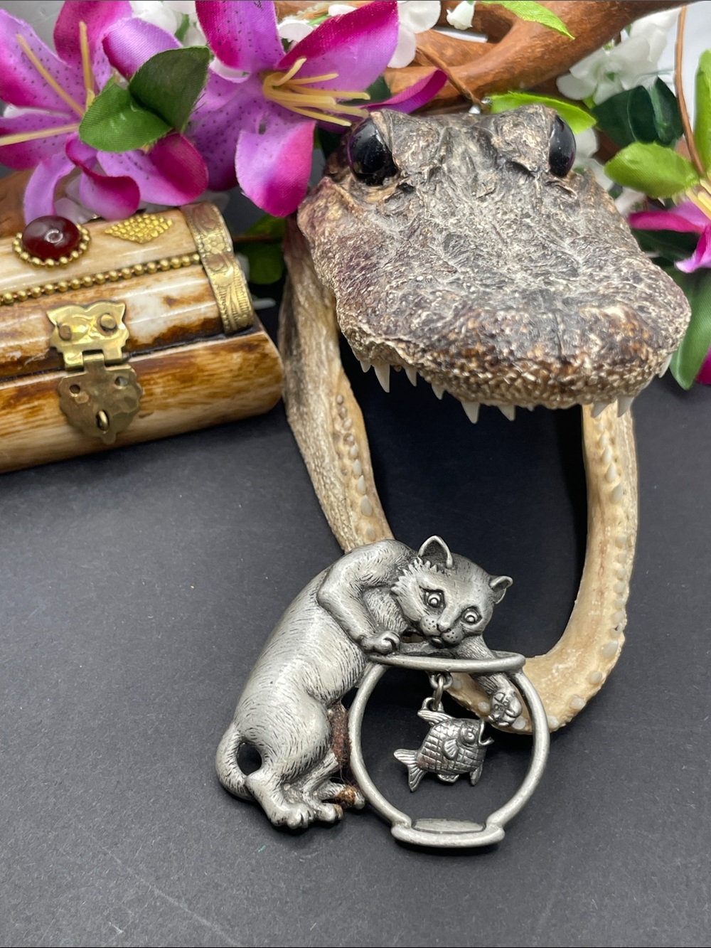 J. Jonette cat and fish brooch vintage